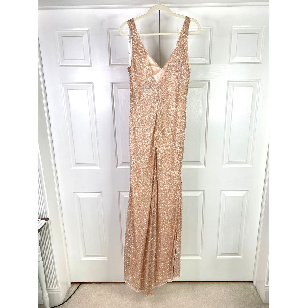 Mac Duggal Sequined Sleeveless V Neck Side Slit Gown, Sz 16, Nude / Rose Gold - Picture 2 of 4